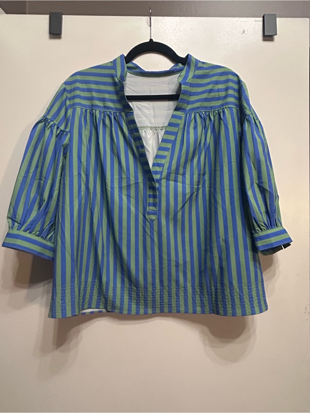 Amazon Blue and Green Striped Popover Blouse